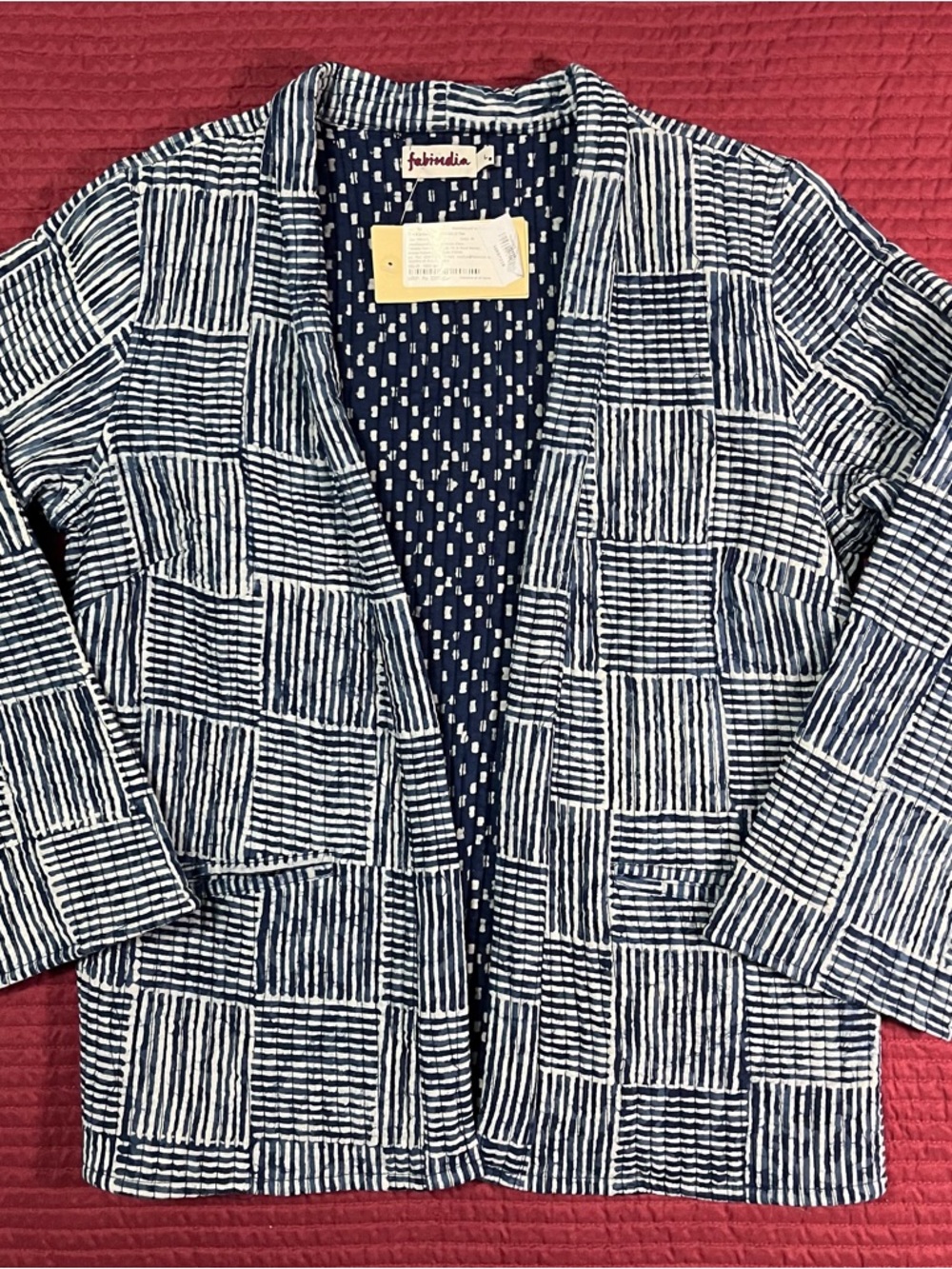 FABINDIA Cotton Blue White Block Patchwork Handmade Open Front Jacket - Large